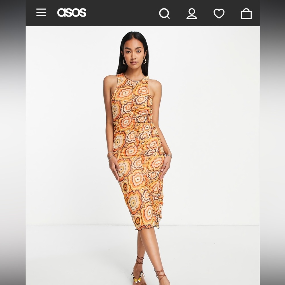 Neon Rose racer midi dress with ruched front seam in 70s floral mesh-Multi NWT - Picture 2 of 7